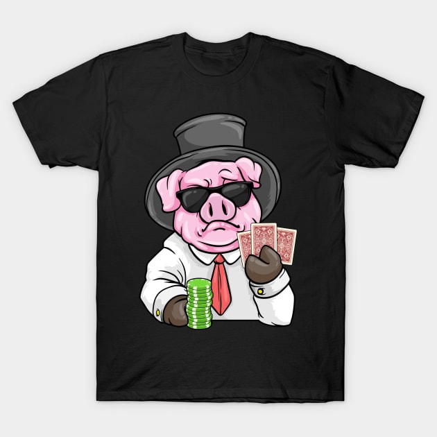 Pig at poker with Poker cards and Poker chips T-Shirt by Markus Schnabel